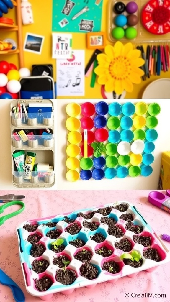 Creative Egg Tray Craft Ideas A collection of egg tray crafts including an organizer, wall art, and seed starter, set in a bright crafting space.